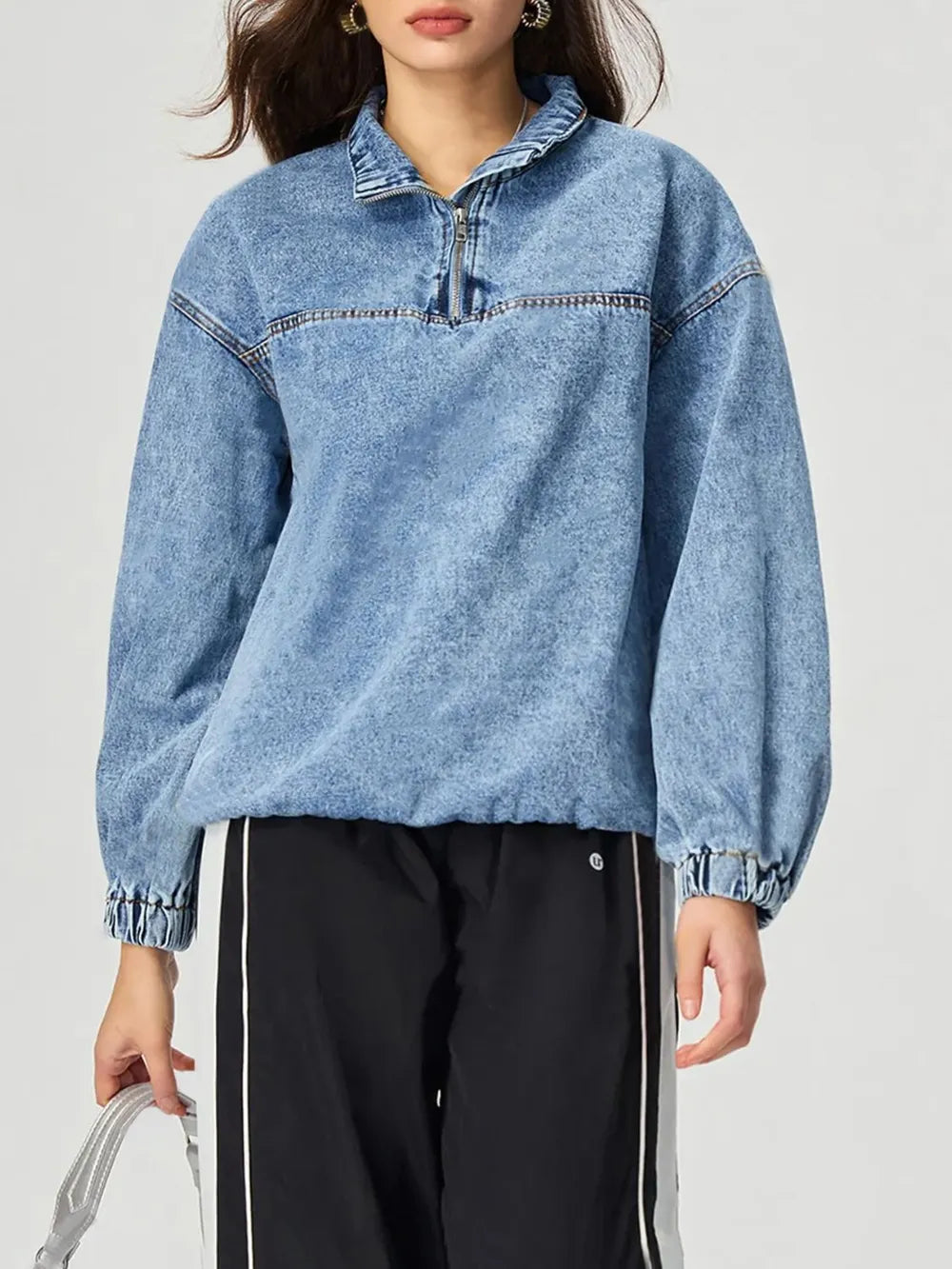 Quarter Zip Collared Neck Denim Top - Lilixa.store