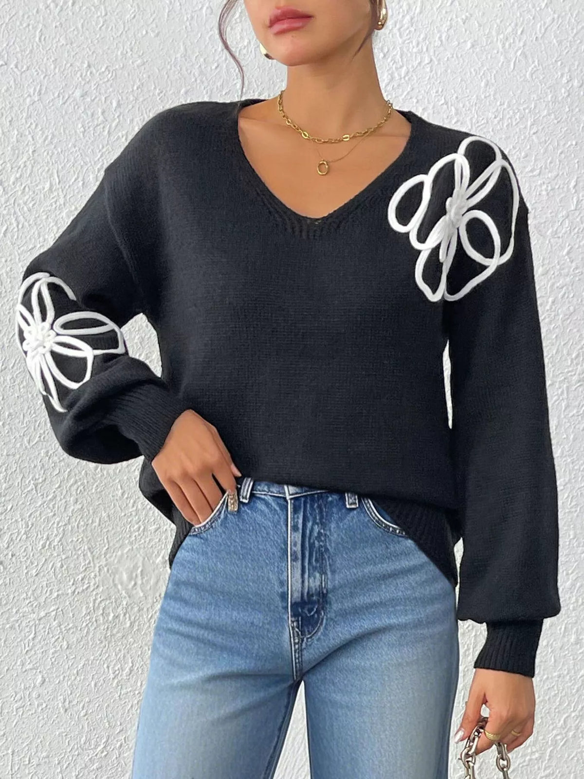 Flower V-Neck Dropped Shoulder Sweater