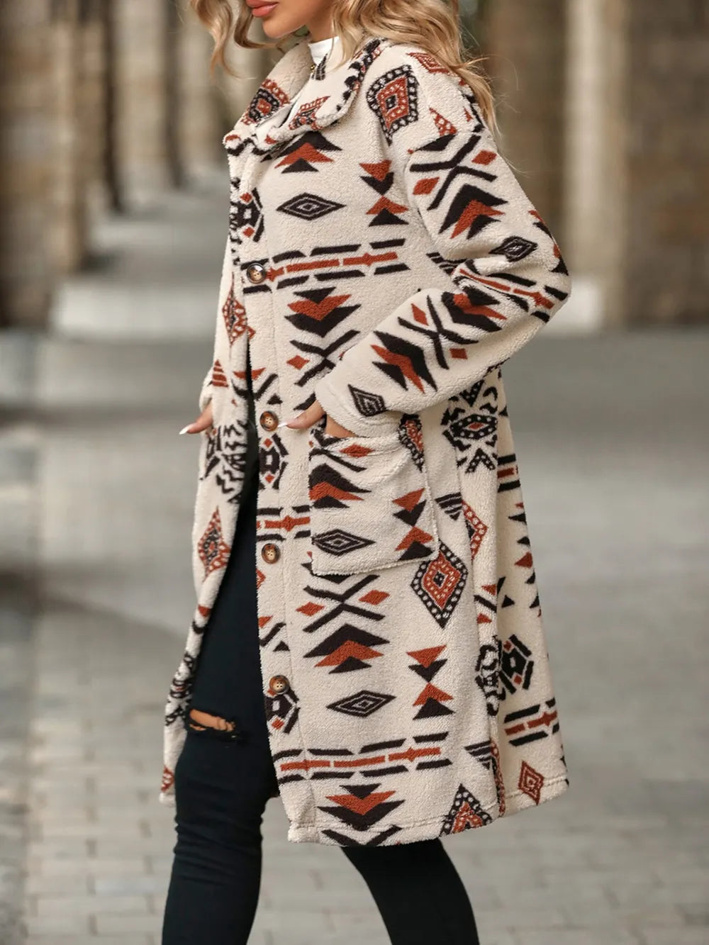 Geometric Pocketed Dropped Shoulder Coat, view 2