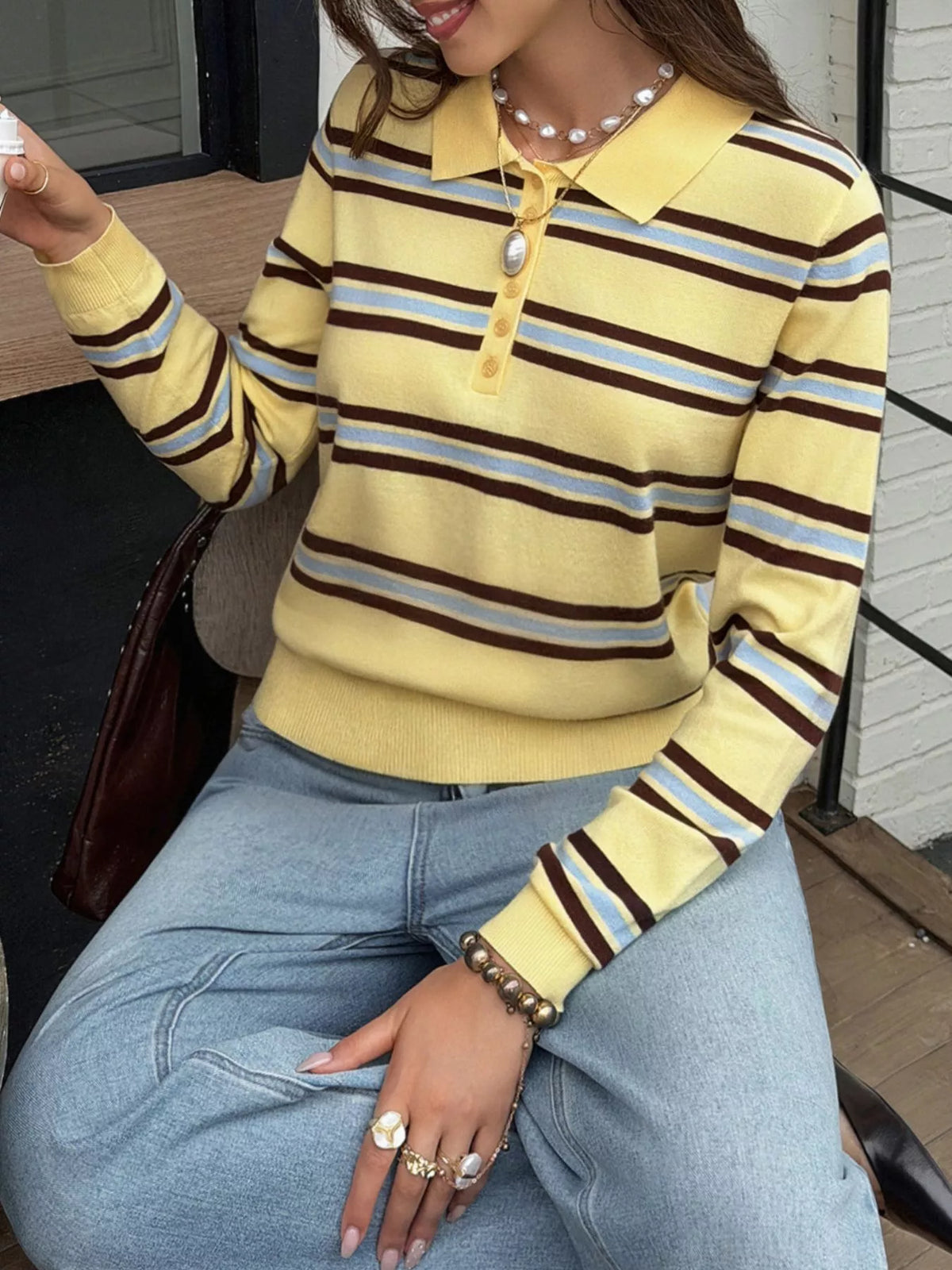 Striped Polo Collar Knit Top - Lilixa.store