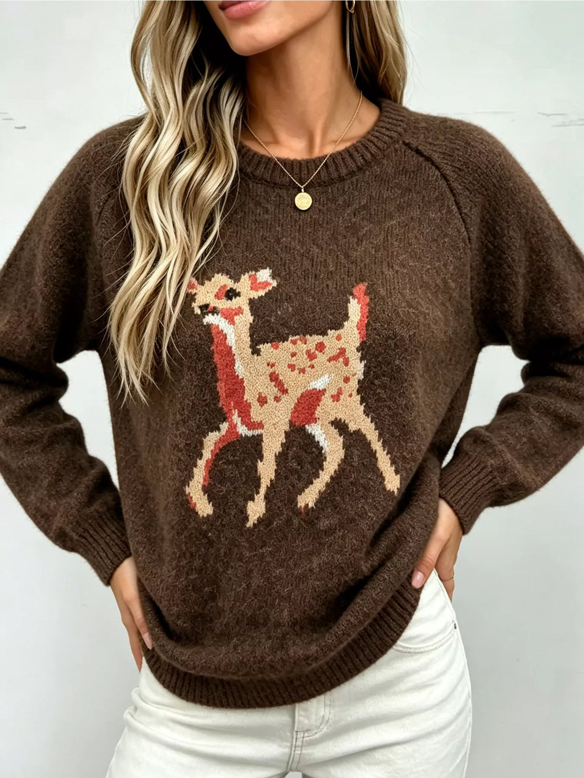 Deer Pattern Raglan Sleeve Sweater - Lilixa.store