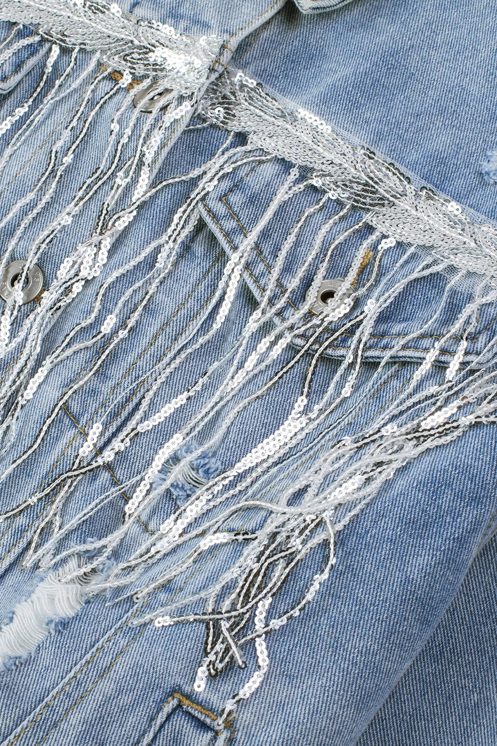 Sequin Fringe Trim Distressed Button Up Denim Jacket, view 13