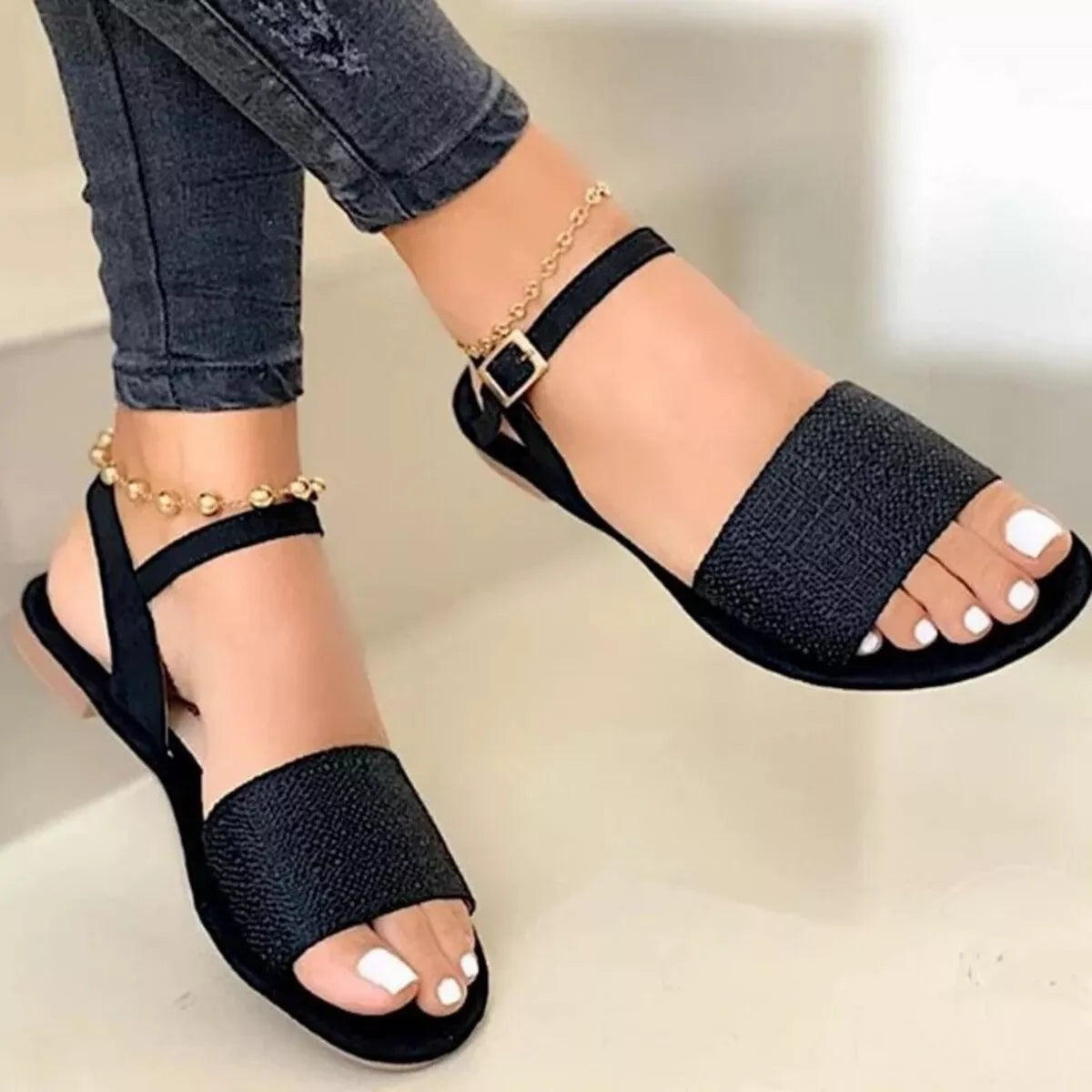 Open Toe Ankle-Strap Flat Sandals in Black