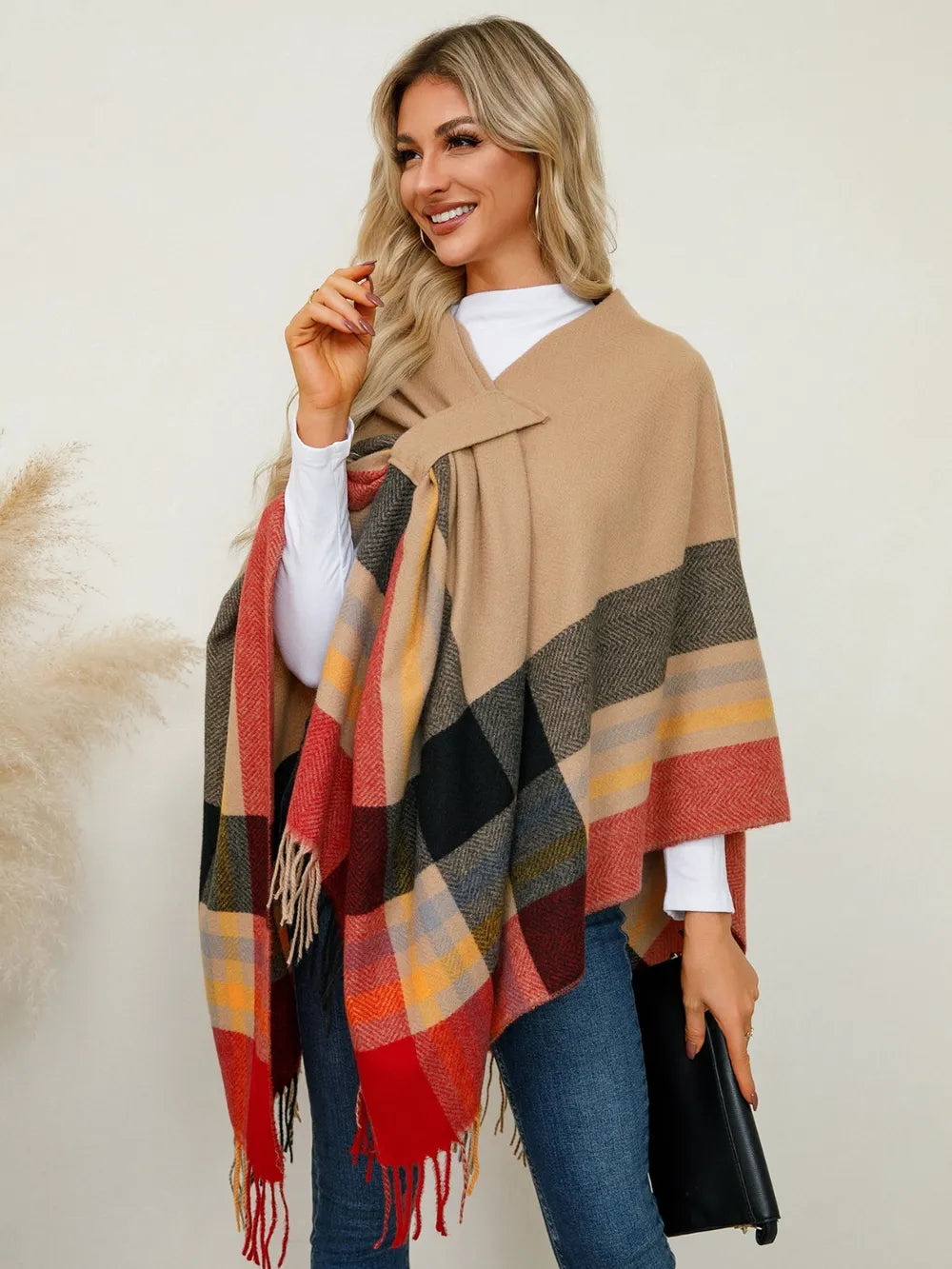Fringe Contrast Plaid Poncho - Lilixa.store