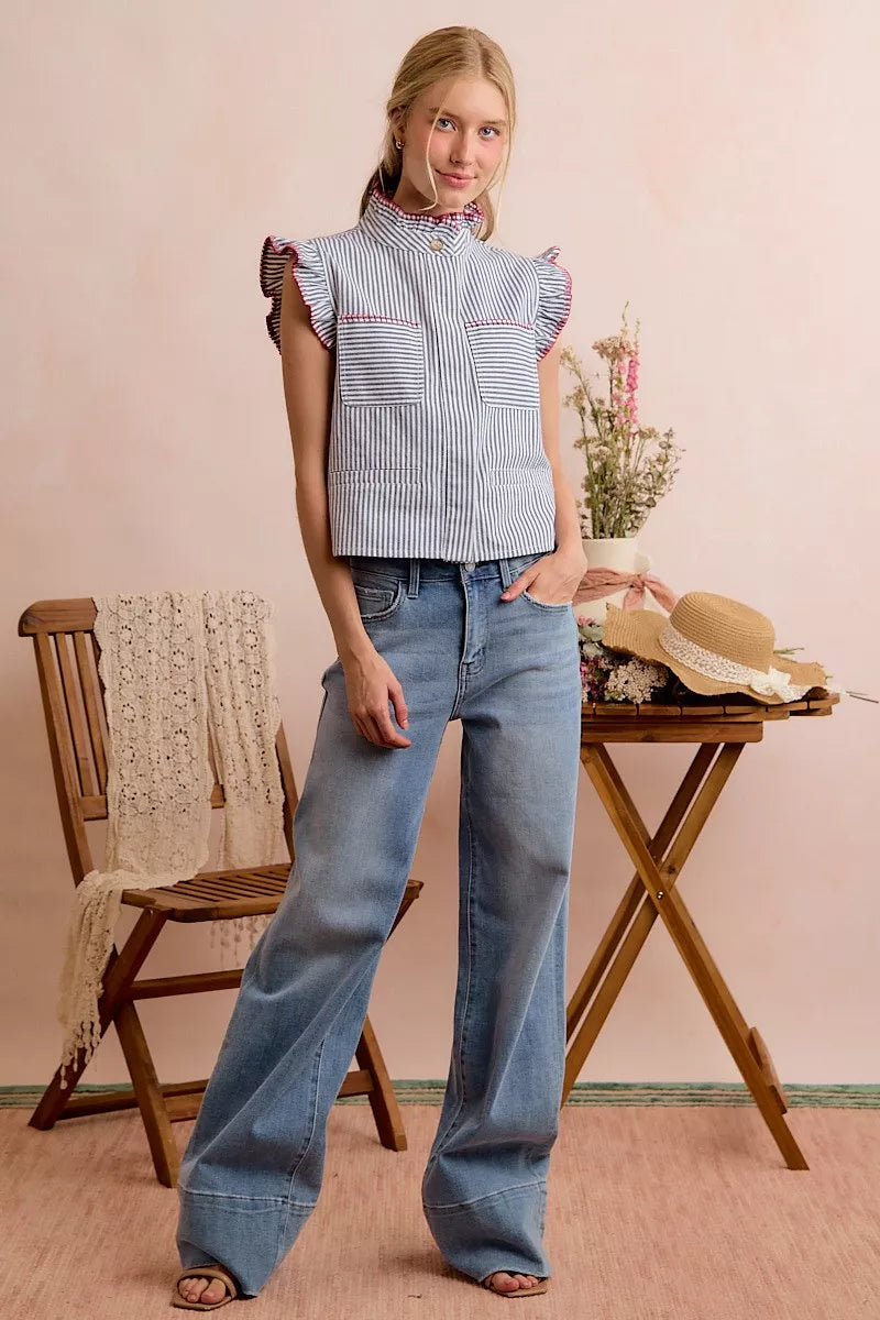 SO ME Stripe Twill Stitch Ruffled Hidden Button Vest Top - Lilixa.store