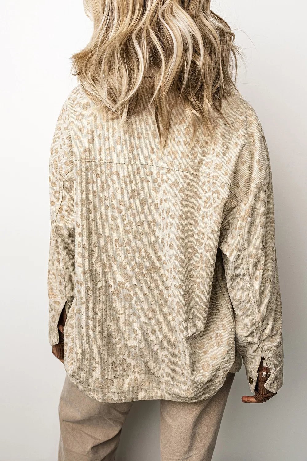Leopard Print Corduroy Shirt Collar Long Sleeve Regular Fit Jacket in Khaki, view 2