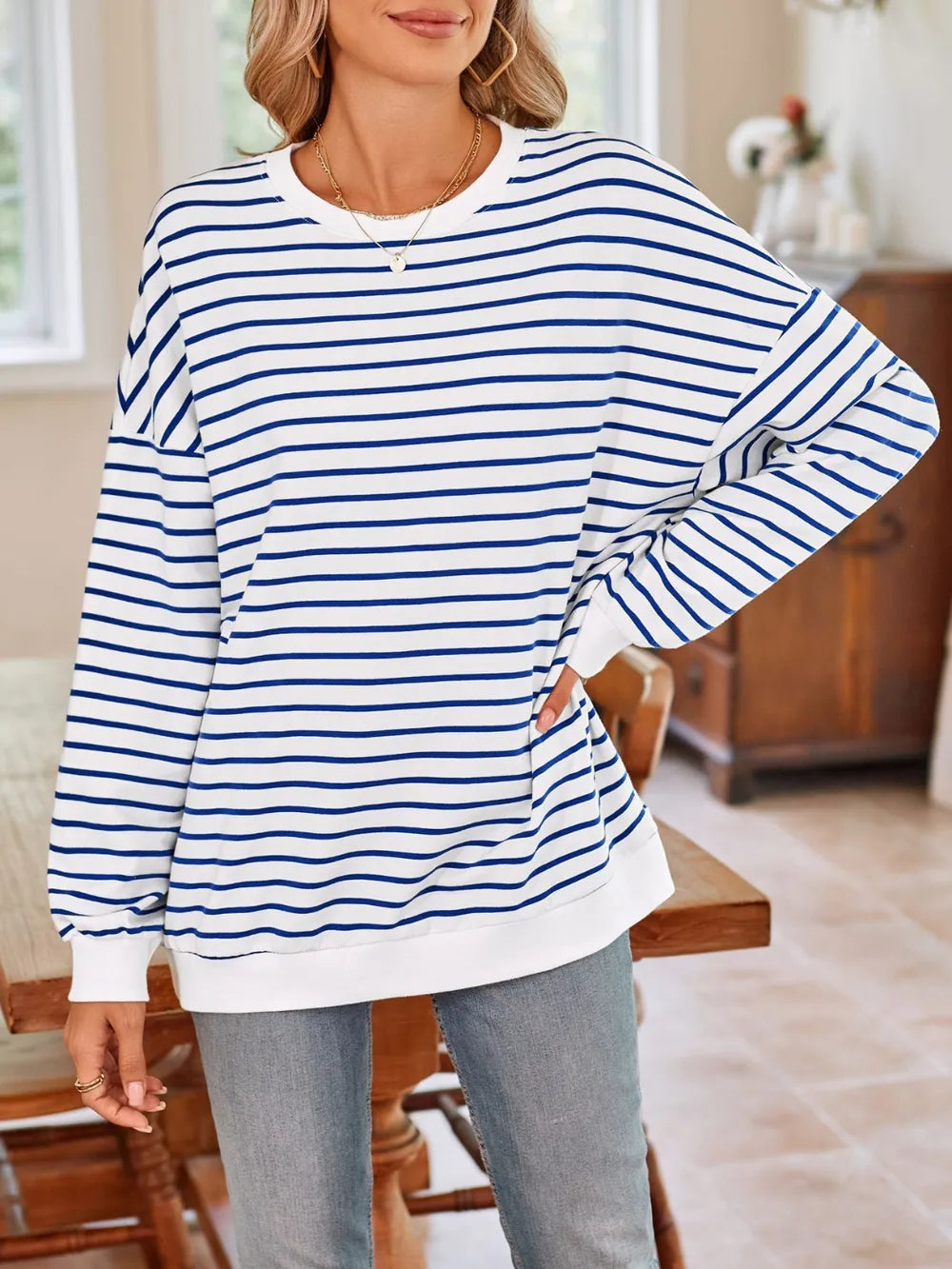 Lovelet Striped Round Neck Long Sleeve Sweatshirt - Lilixa.store