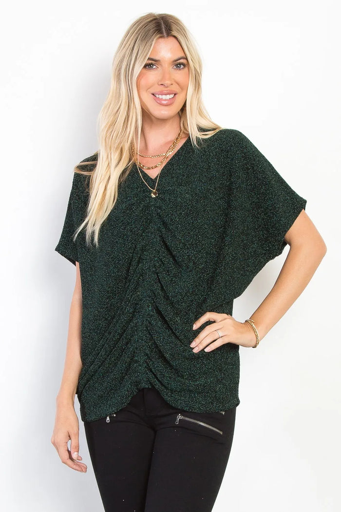 Be Stage Full Size Lurex Center Elastic Cinched Knit Top - Lilixa.store