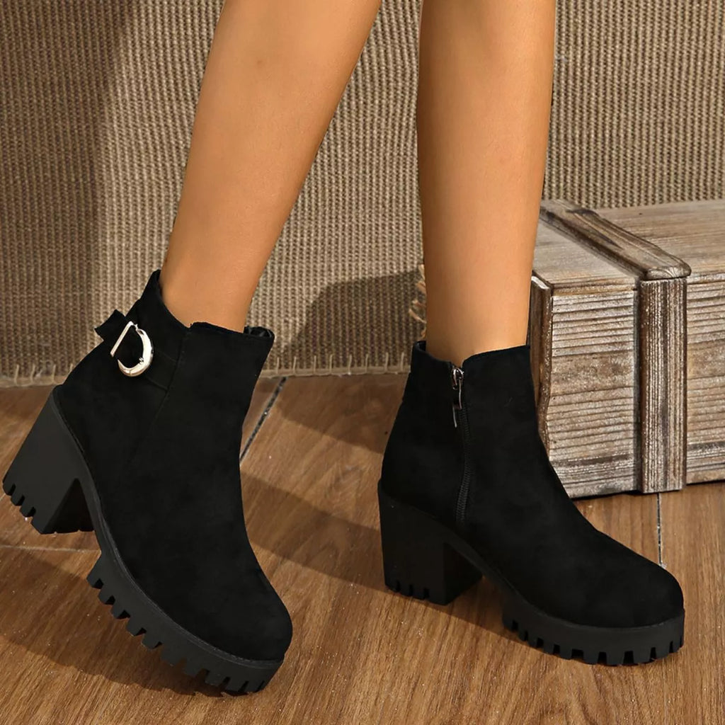 Round Toe Block Heels Boots in Black, view 2