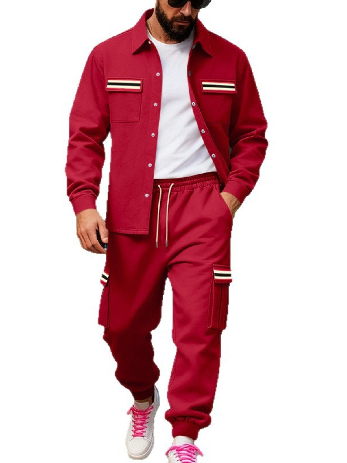 Men's Full Size Collared Neck Shacket and Pants Set Plus Size