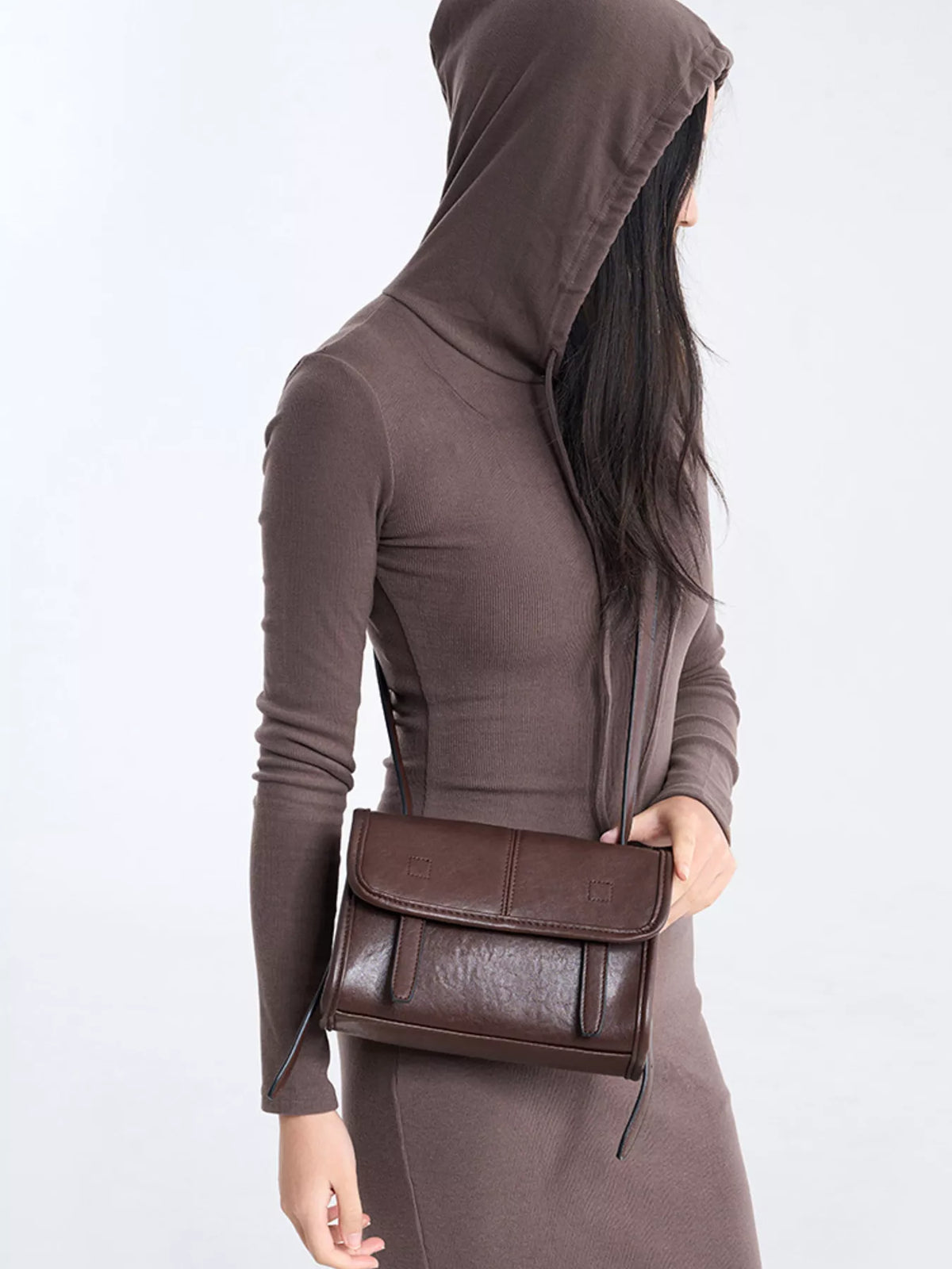 PU Leather Messenger Crossbody Bag with Flap Closure in Brown, view 2