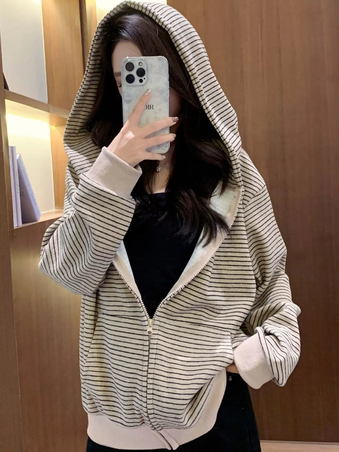 Striped Zip-Up Hoodie in Apricot