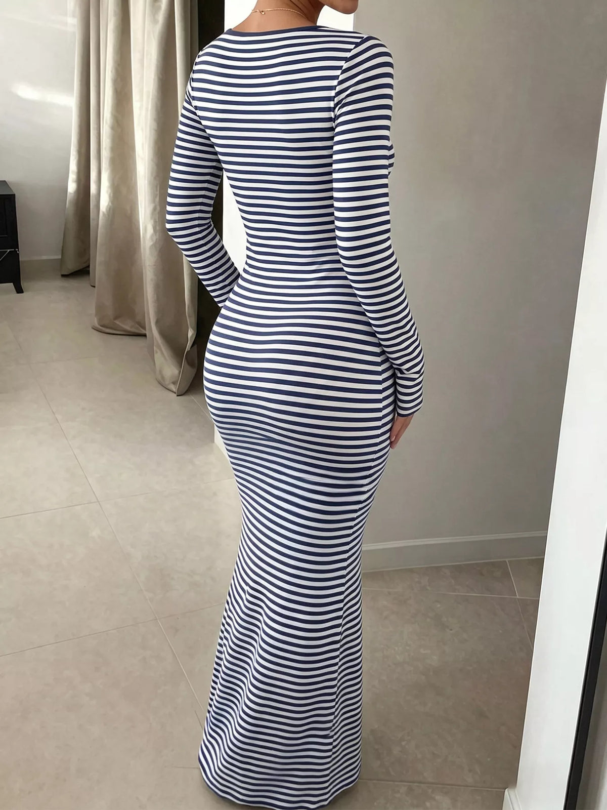 Striped Long Sleeve Square Neck Maxi Dress - Lilixa.store