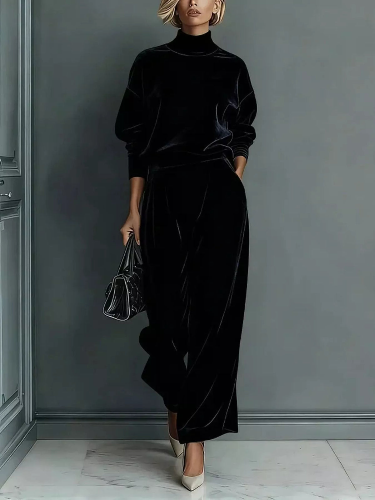 Full Size Elegant Velvet Mock Neck Long Sleeve Top and Wide-Leg Pants Set Plus Size, view 6