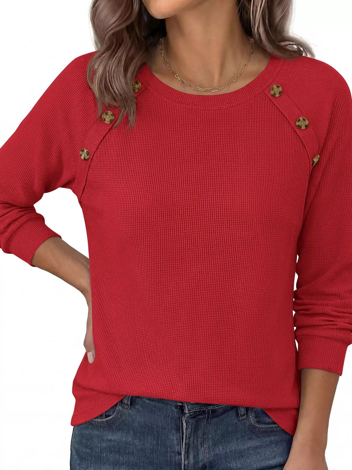 Decorative Button Waffle Knit Long Sleeve T-Shirt