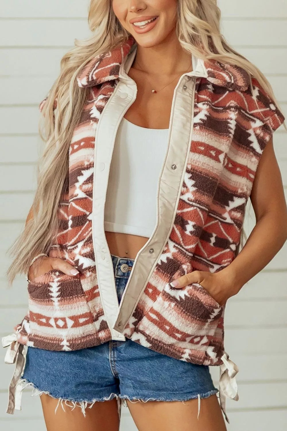 Geometric Print Fleece Metal Button Placket Shift Silhouette Vest - Lilixa.store