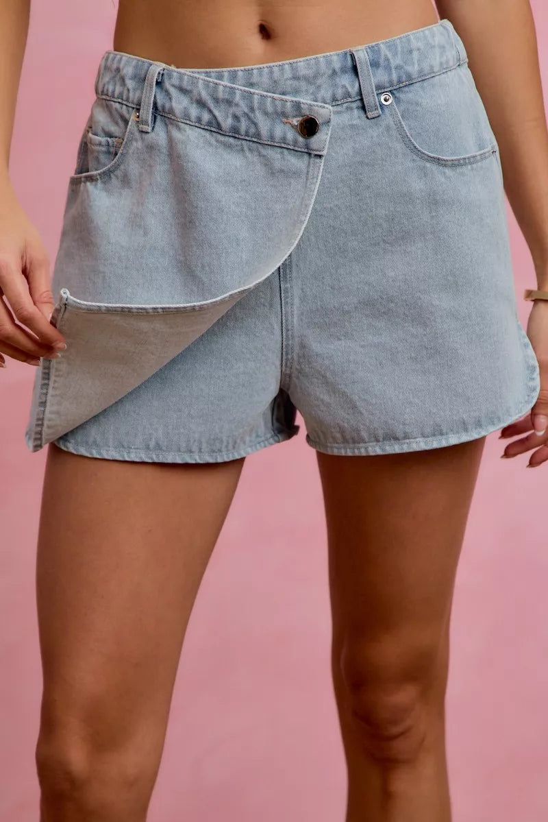 SO ME Washed Denim Wrap Skorts - Lilixa.store