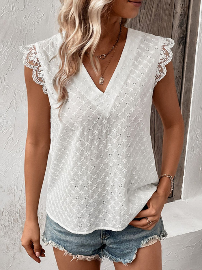 Perfee V-Neck Cap Sleeve Spliced Lace Top in White