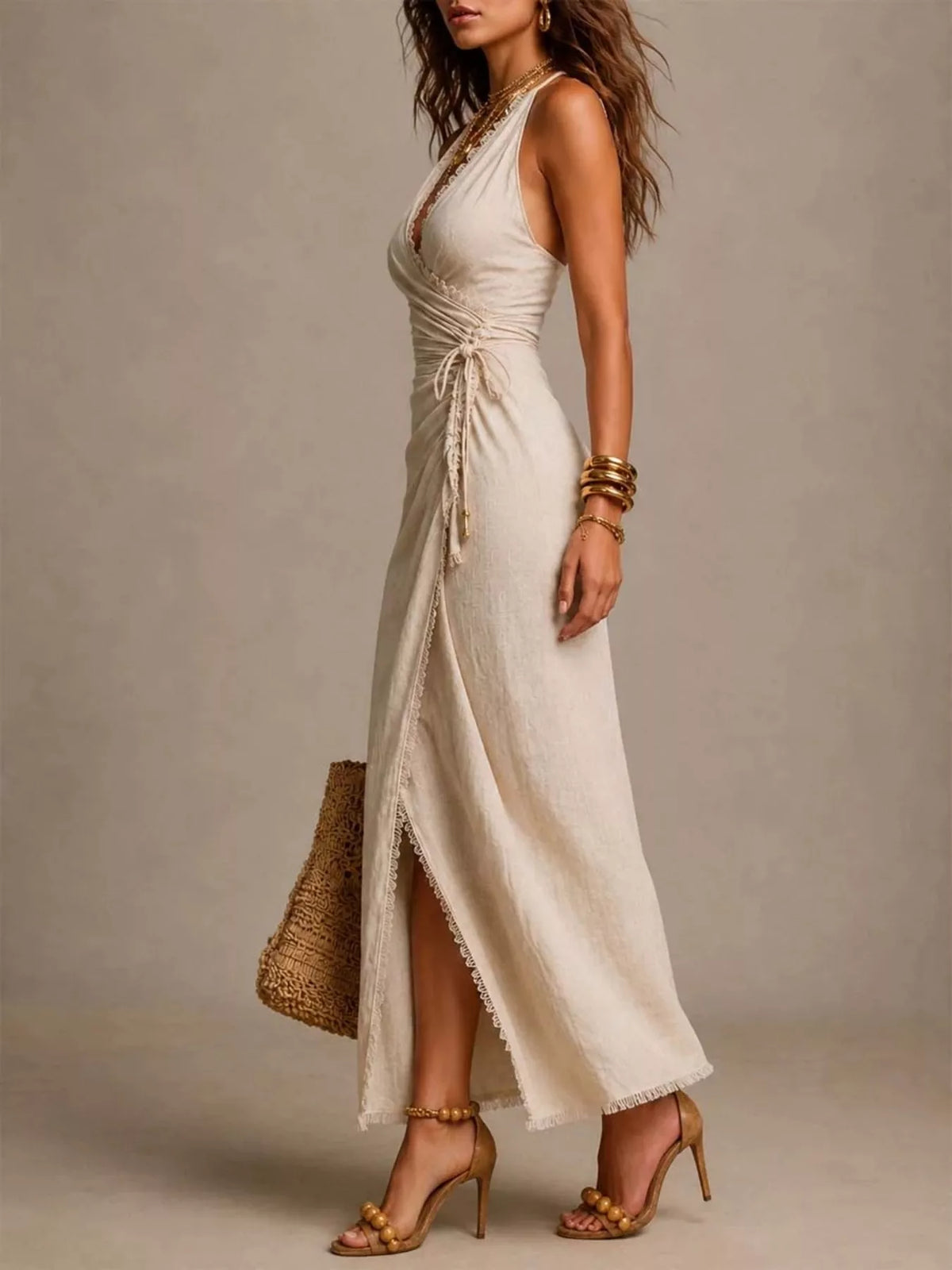 Lace-Trimmed Slit Wrap Midi Dress