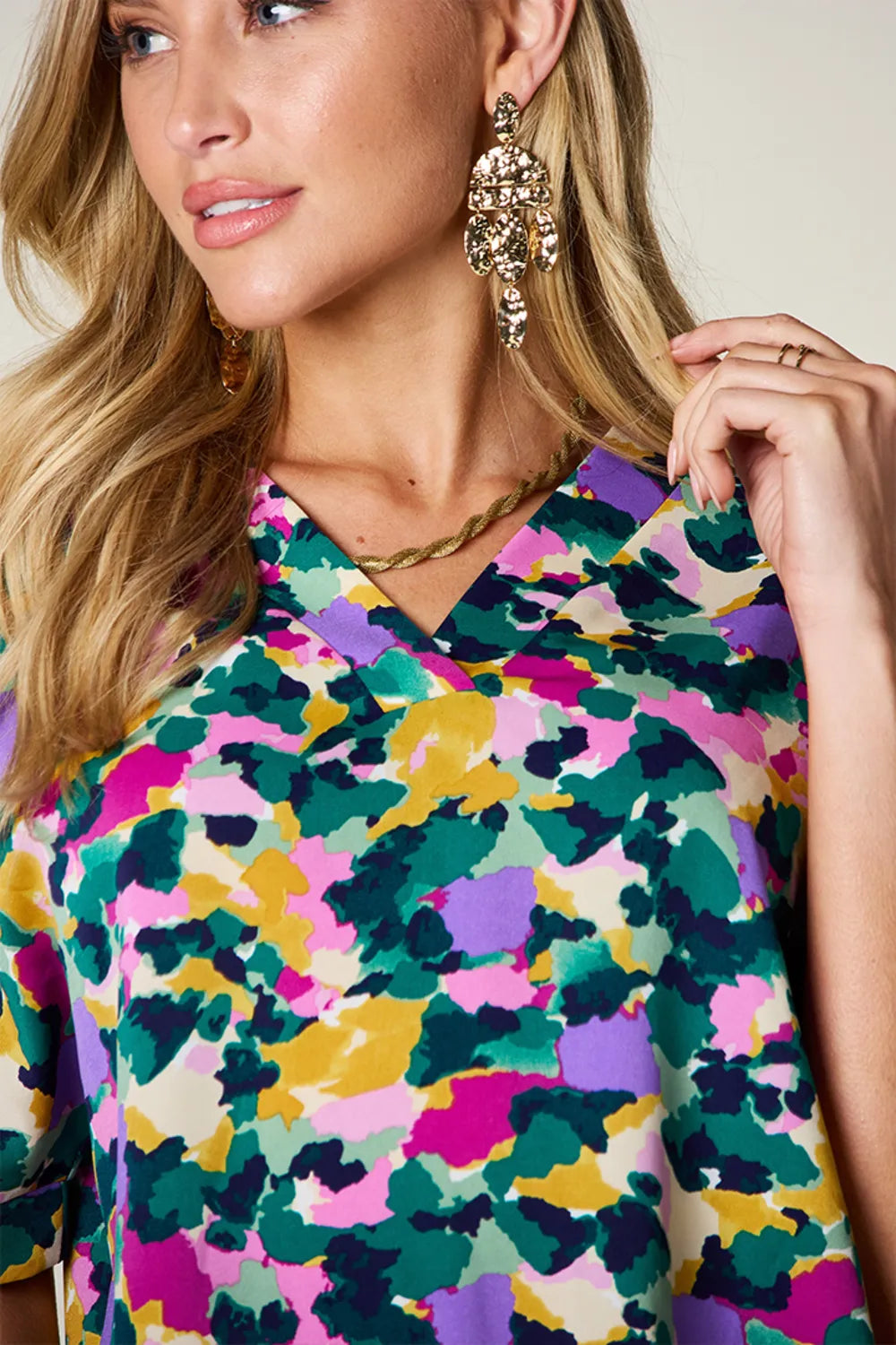 Double Take Full Size Printed V-Neck Short Sleeve Side Slit Top - Lilixa.store
