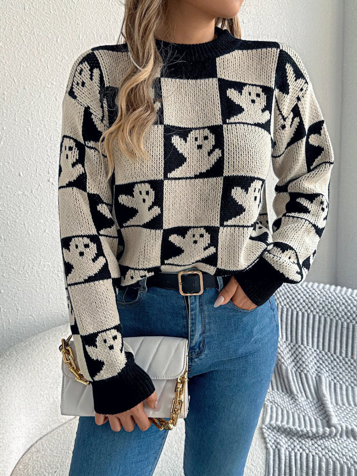 Checkerboard Halloween Graphic Sweater