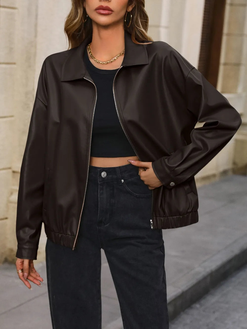 Ivy Lane Pocketed Zip Up Collared Neck Jacket, view 3