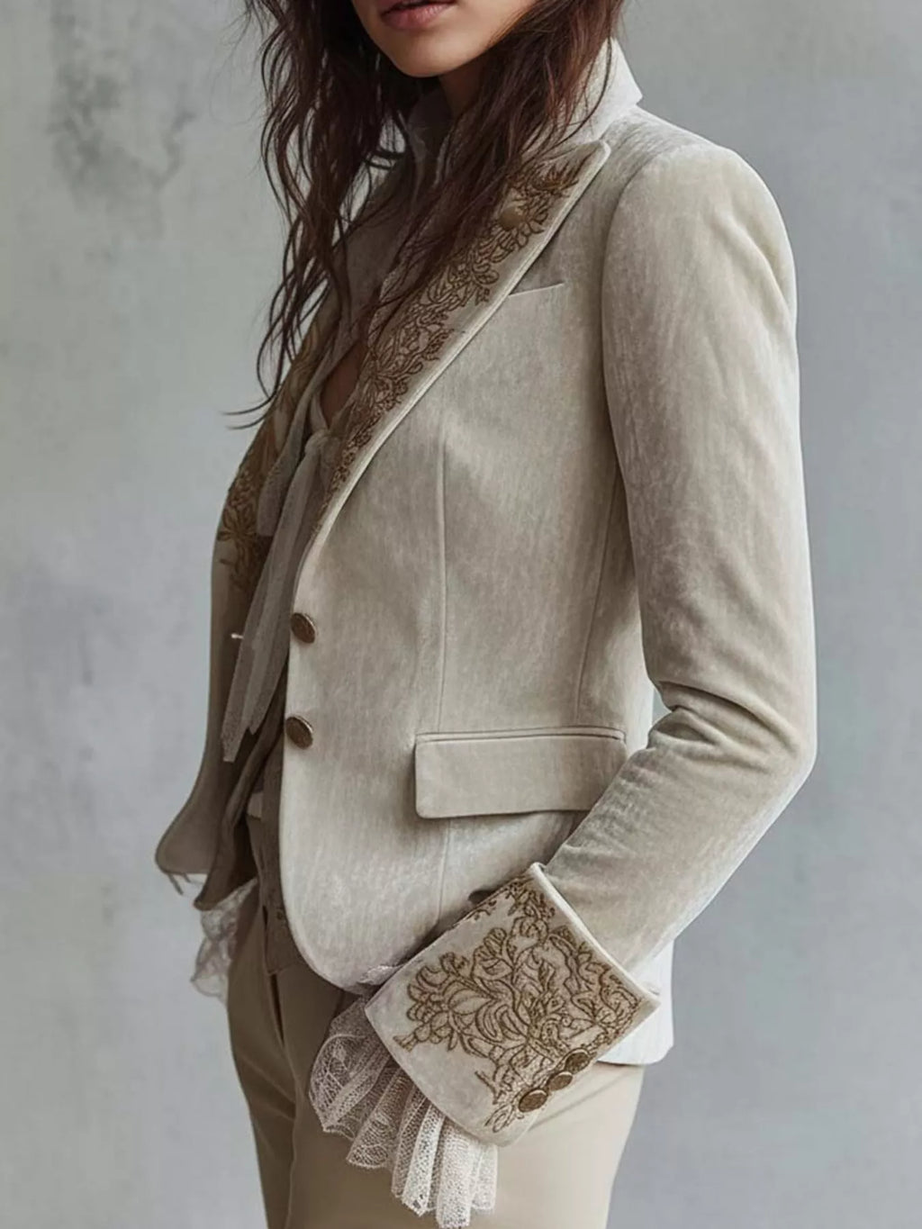 Embroidered Velvet Long Sleeve Blazer - Lilixa.store