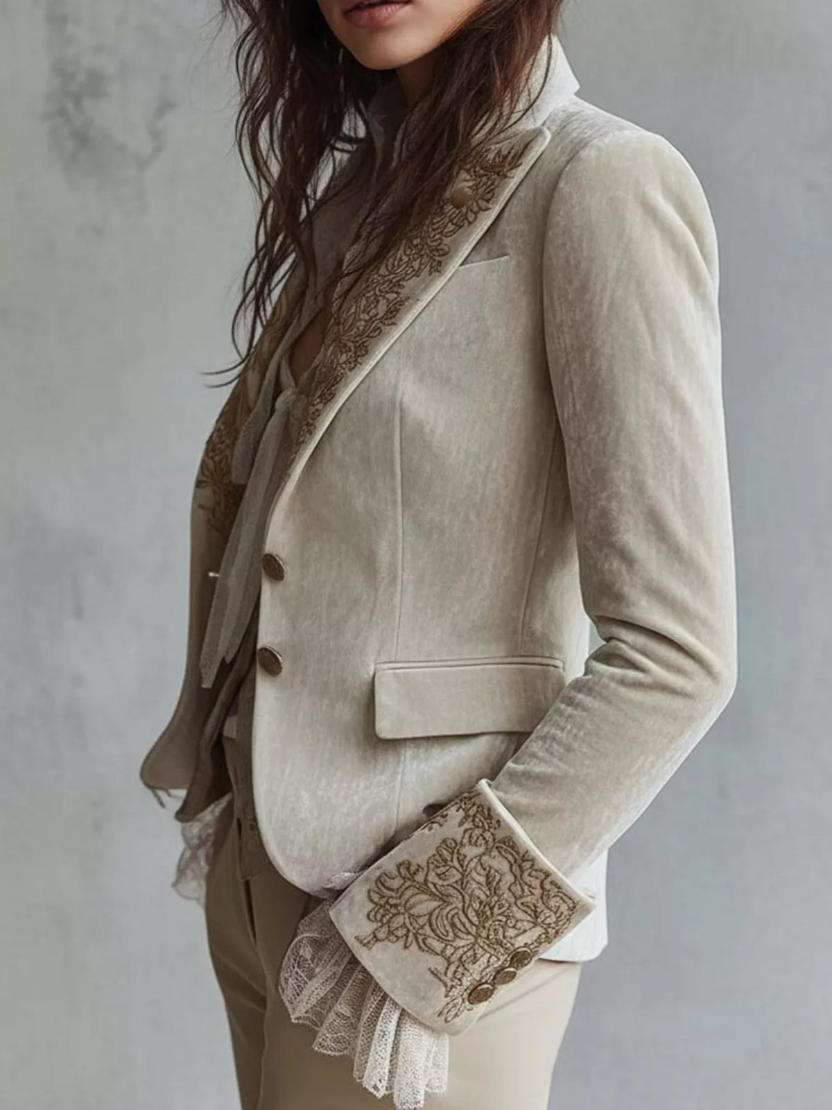 Embroidered Velvet Long Sleeve Blazer - Lilixa.store