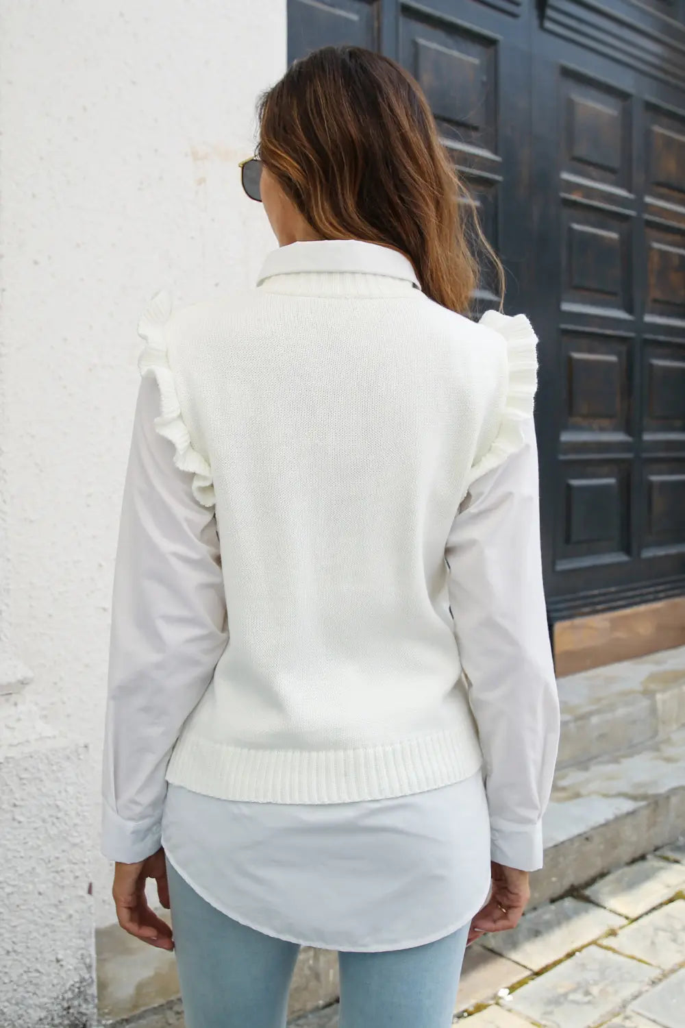 Round Neck Ruffled Sweater Vest, view 5