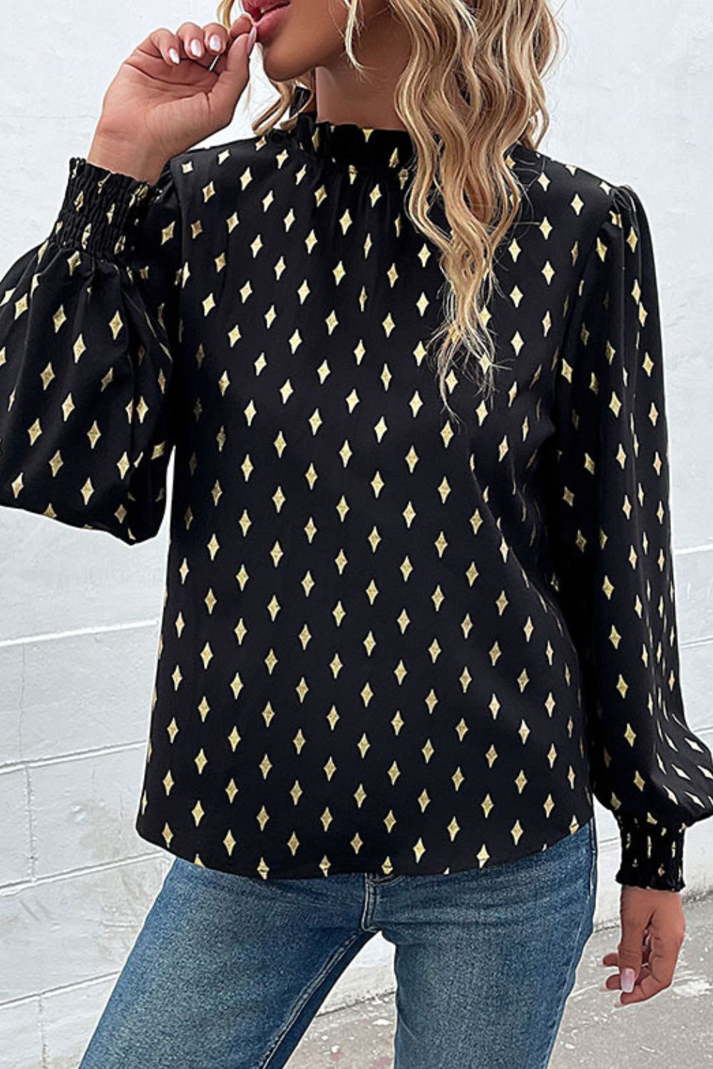 Perfee Geometric Print Frill Neck Lantern Sleeve Blouse in Black, view 3