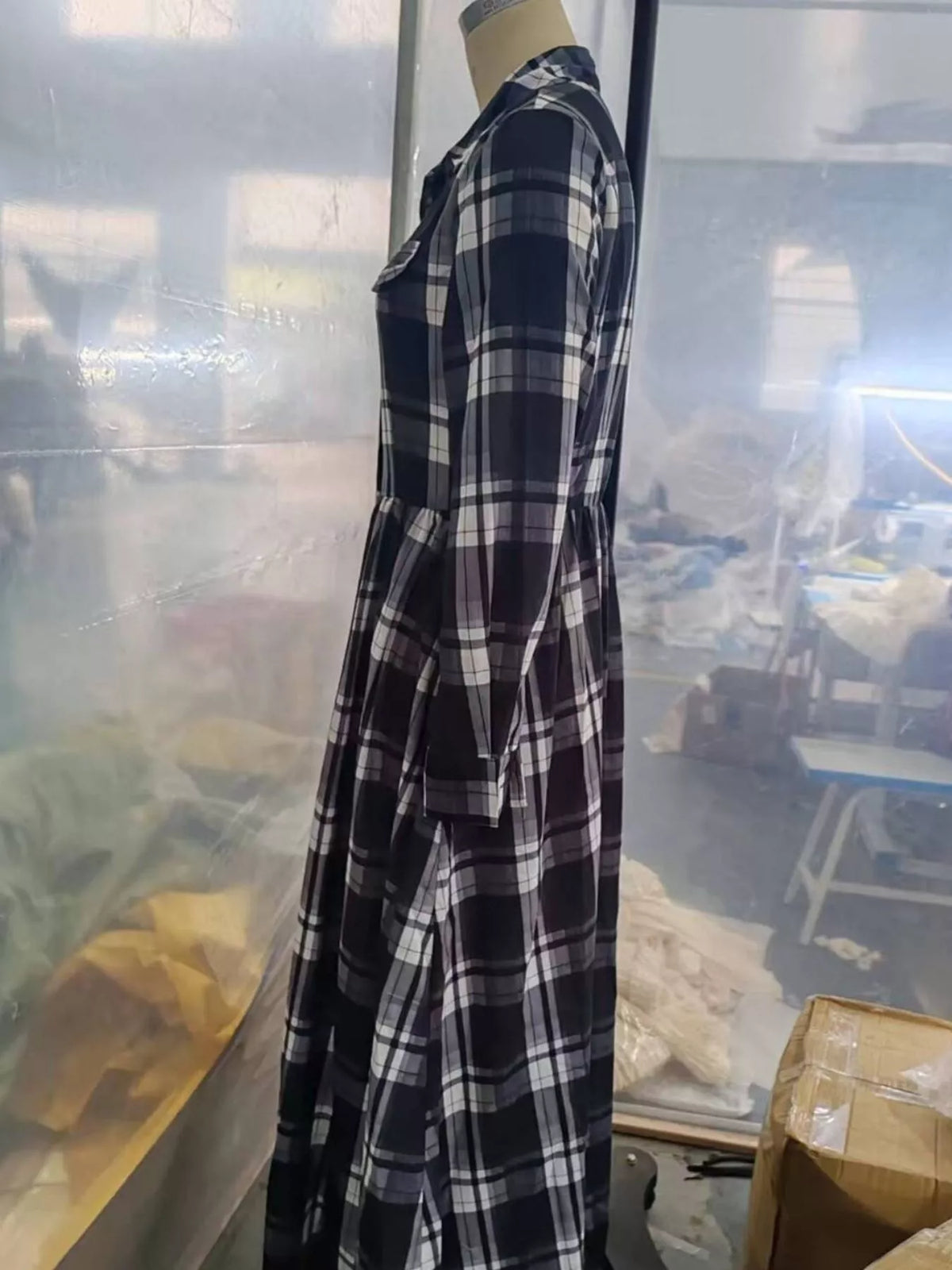 Full Size Plaid Long Sleeve Shirt Maxi Dress Plus Size
