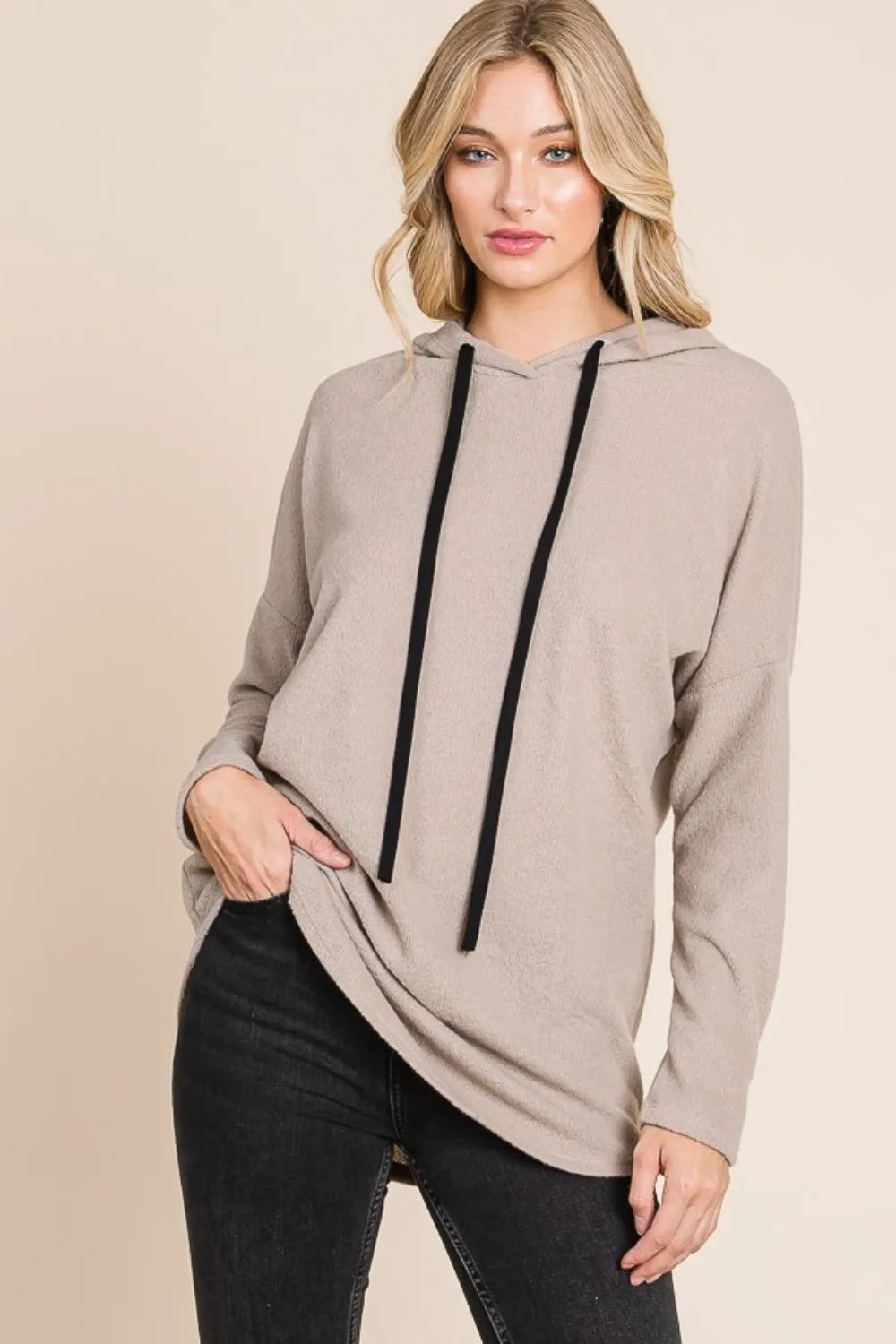BOMBOM Contrast Drawstring Drop Shoulder Knit Hoodie - Lilixa.store