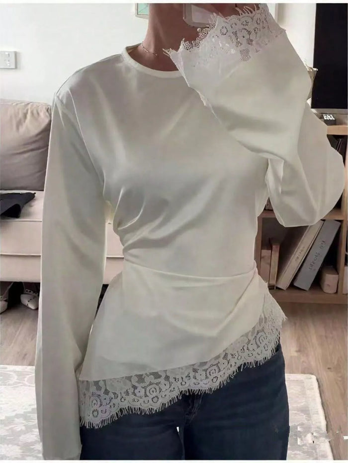 Satin Lace Trim Flare Sleeve Blouse in White