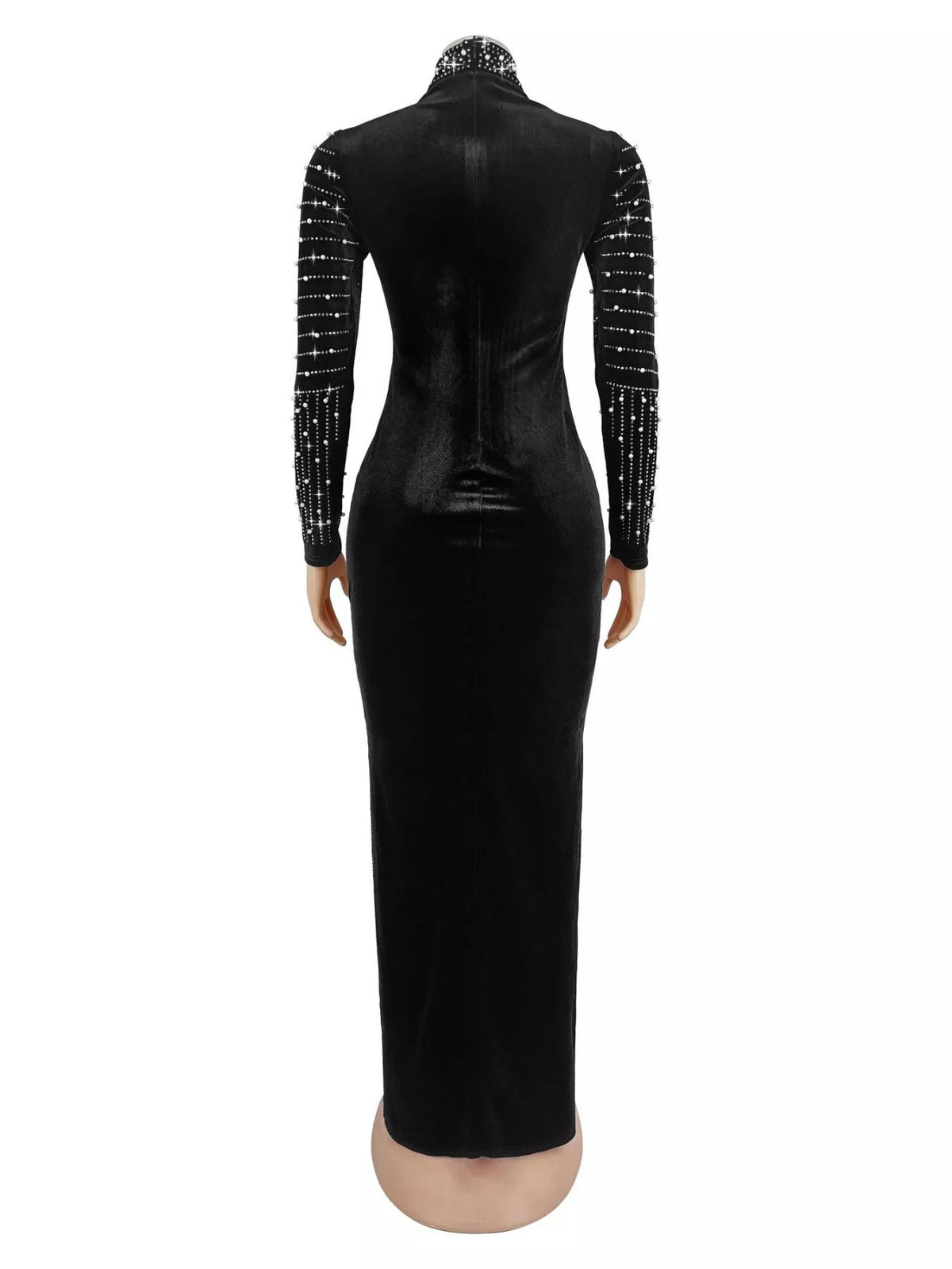 Rhinestone Embellished Mock Neck Long Sleeve Maxi Dress - Lilixa.store