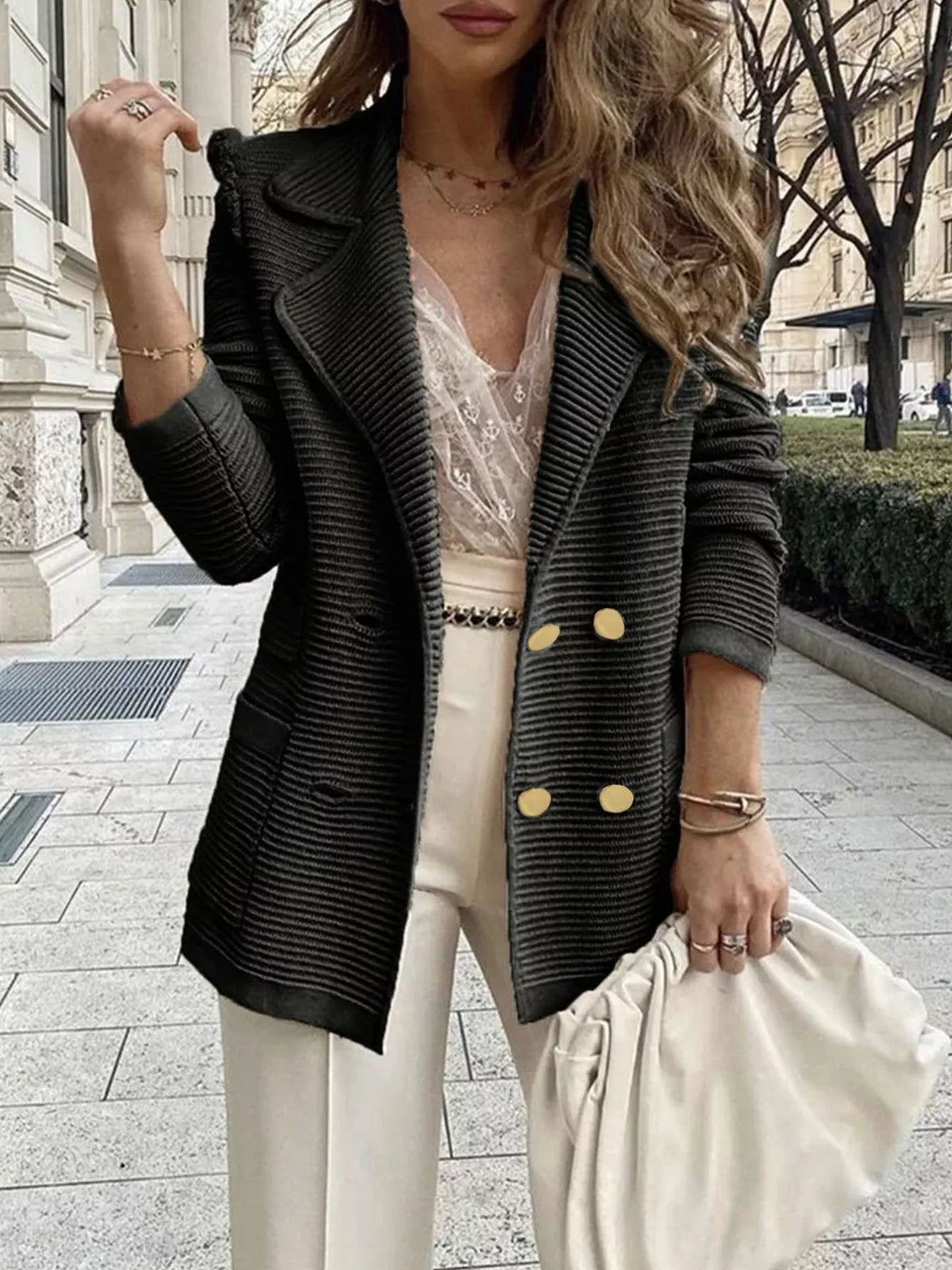 Texture Knit Double-Breasted Blazer - Lilixa.store