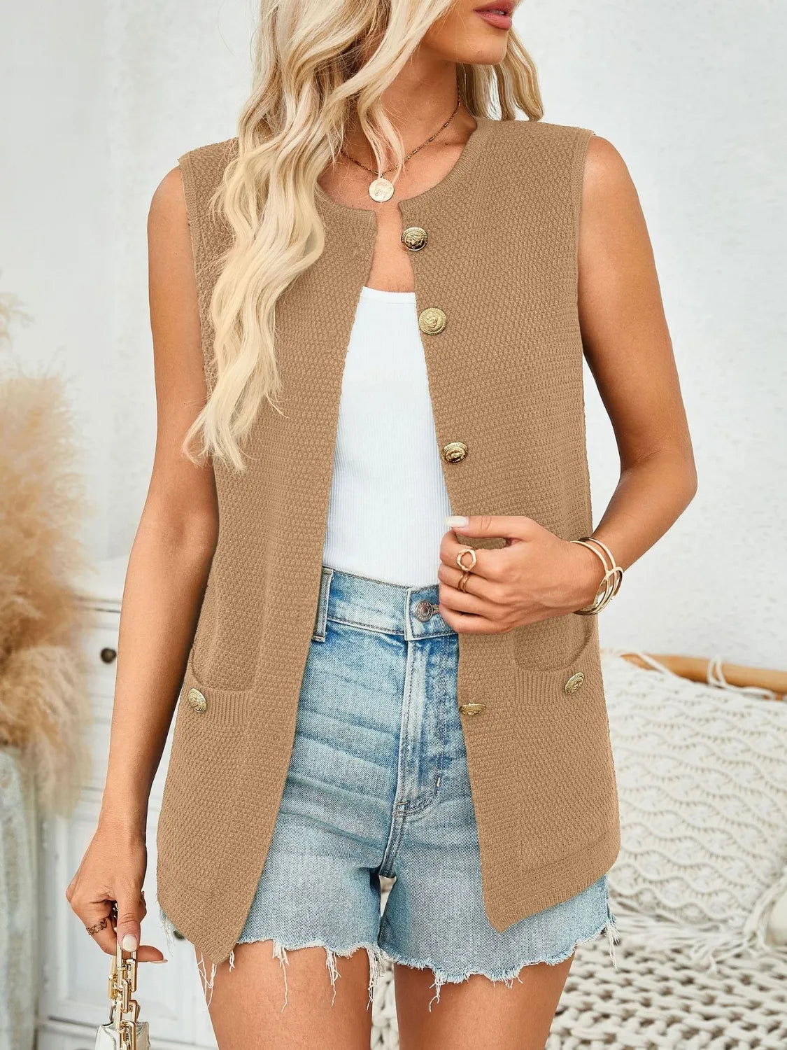Button Down Round Neck Knit Vest in Camel