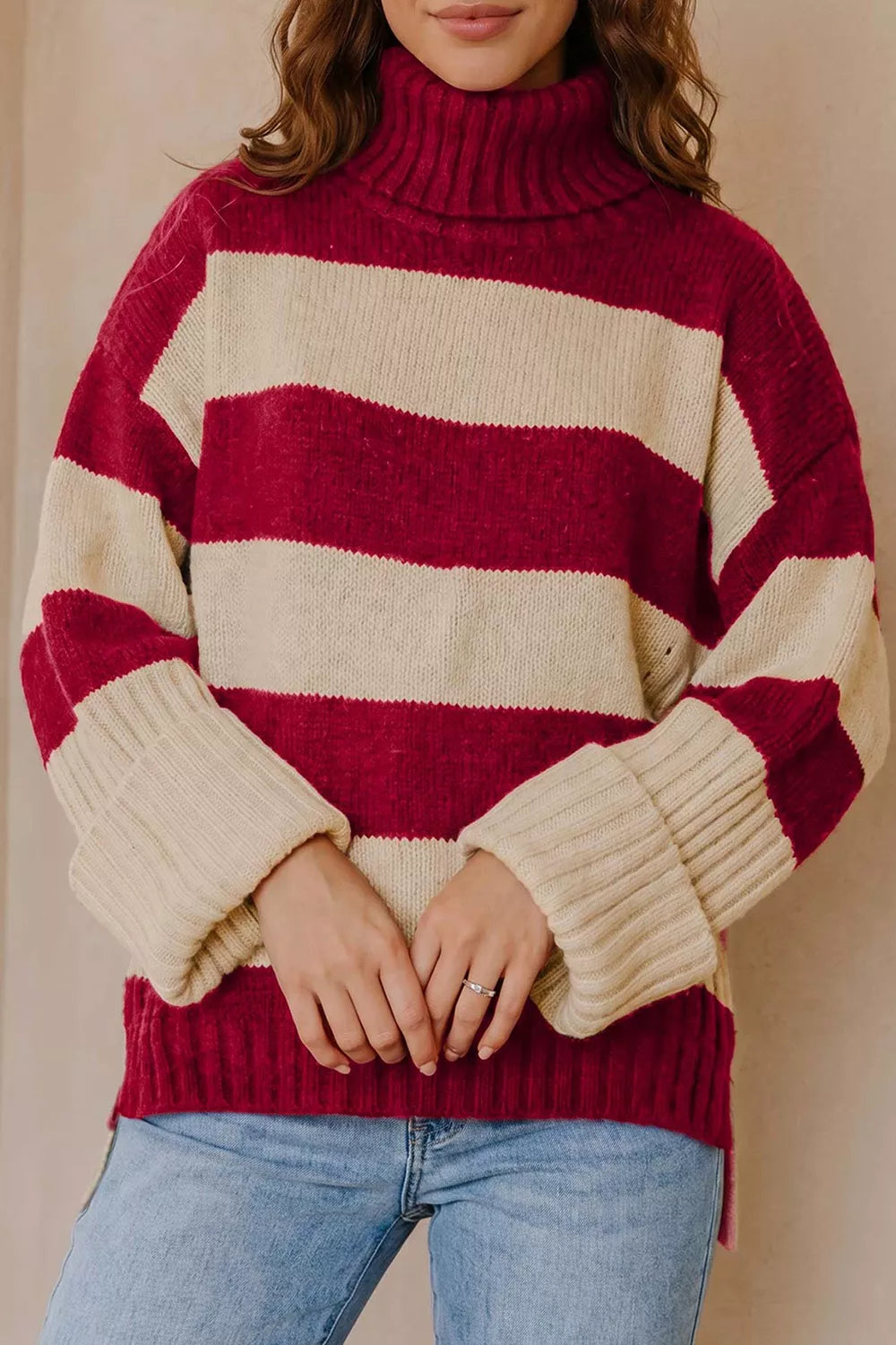 Stripe Ribbed Trim High Neck Relaxed Pullover Sweater