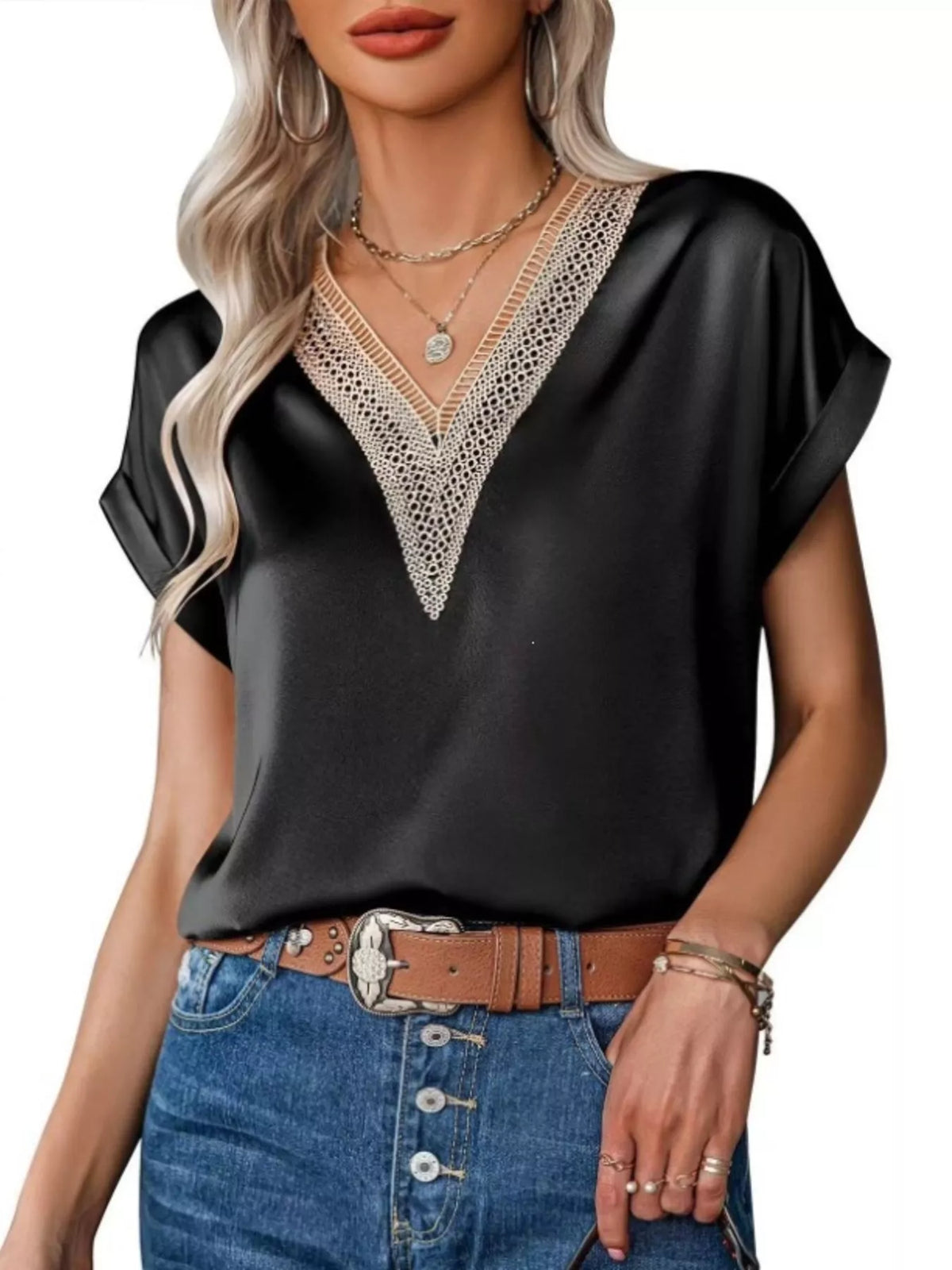 V-Neck Short Sleeve Satin Top