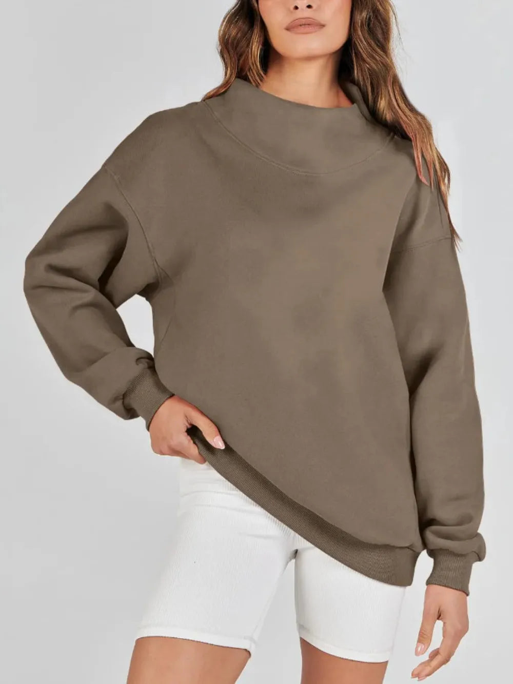 Mock Neck Drop Shoulder Long Sleeve Sweatshirt - Lilixa.store
