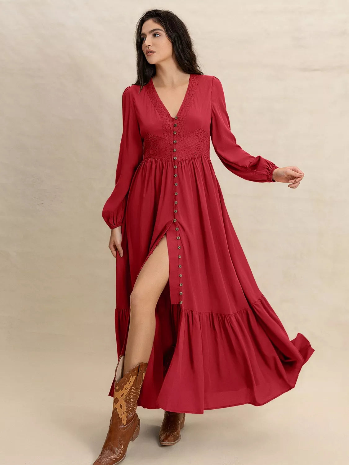 V-Neck Balloon Sleeve Ruffled Hem Maxi Dress - Lilixa.store