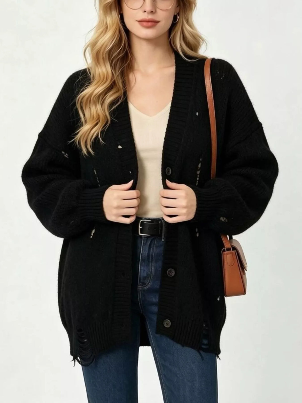 Full Size Distressed Oversized V-Neck Button-Down Cardigan Plus Size, view 2
