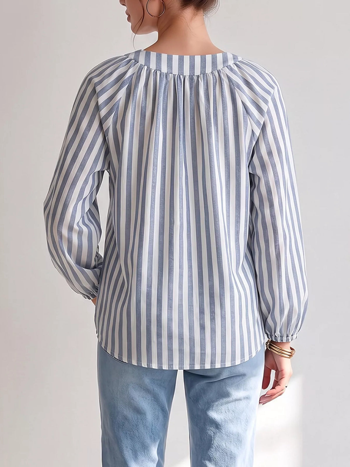 Striped Tie Front Long Sleeve Blouse - Lilixa.store