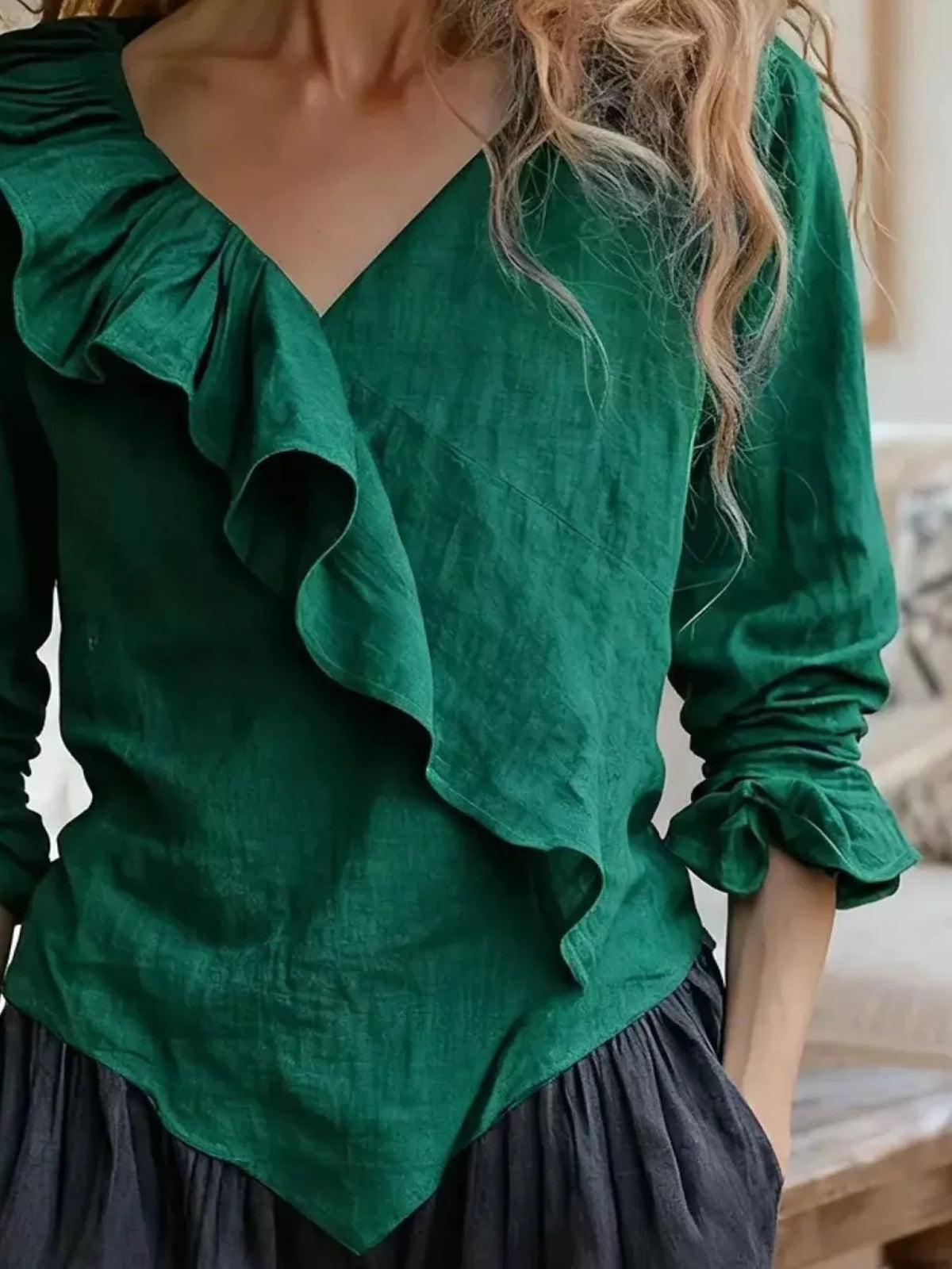 V-Neck Ruffled Long Sleeve Blouse - Lilixa.store