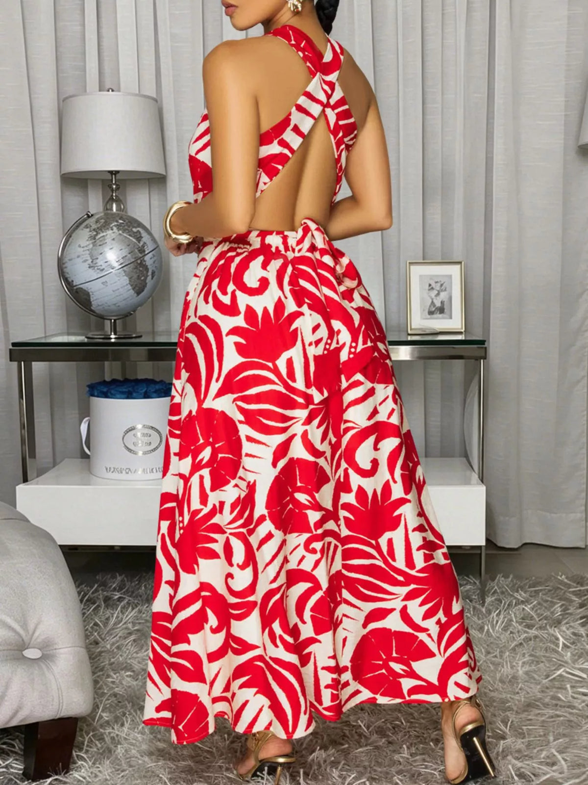 Backless Printed Sleeveless Maxi Dress - Lilixa.store