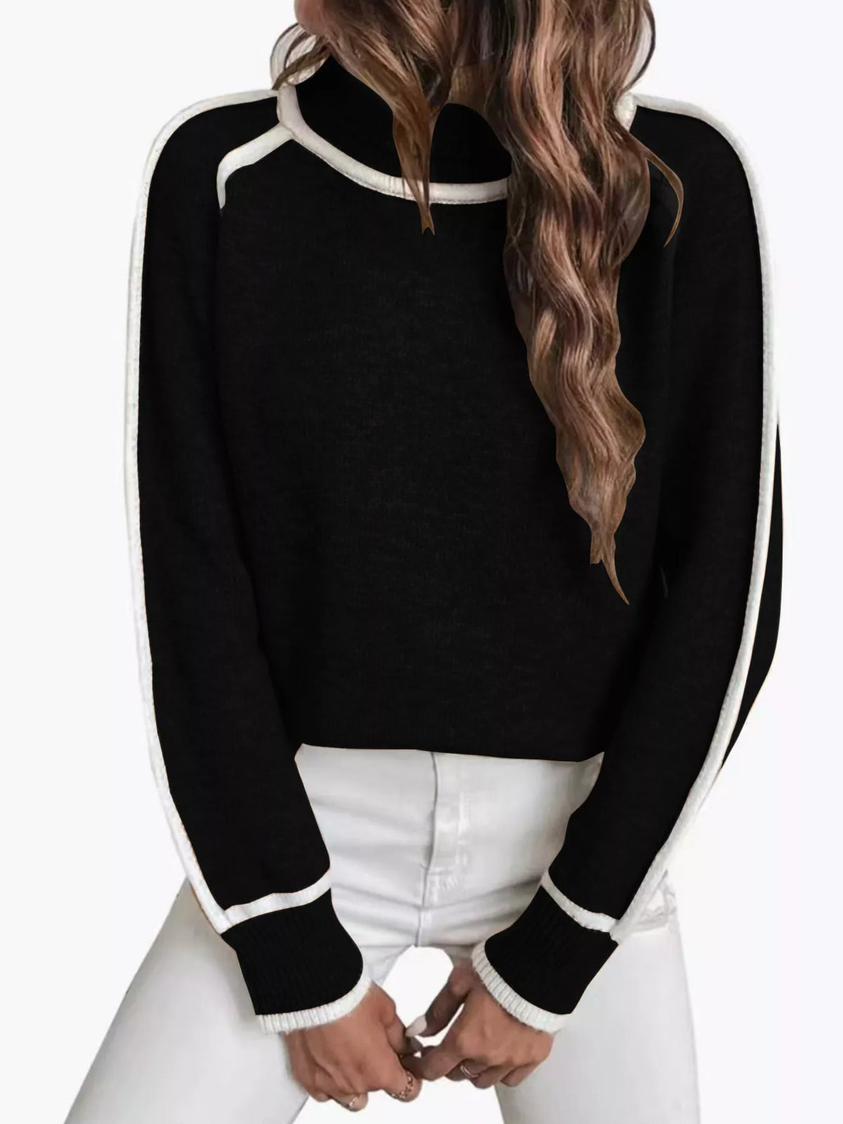 Full Size Contrast Trim Ribbed Hem Turtleneck Sweater Plus Size