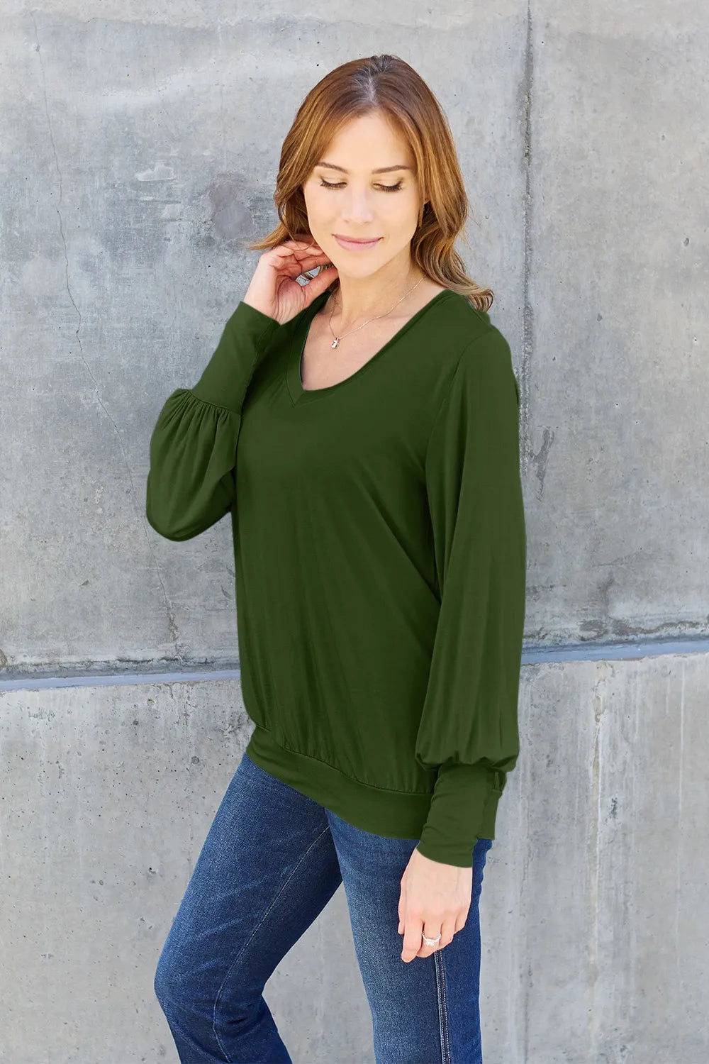 Basic Bae Full Size V-Neck Lantern Sleeve Top - Lilixa.store