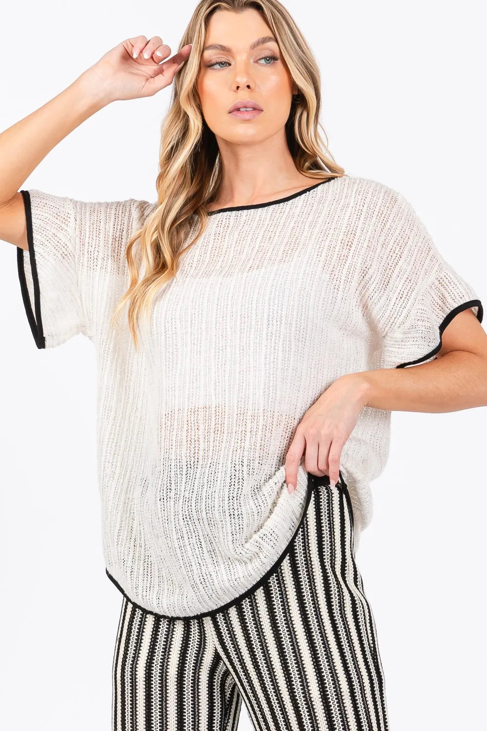 GeeGee Contrast Trim Short Sleeve Knit Cover Up - Lilixa.store