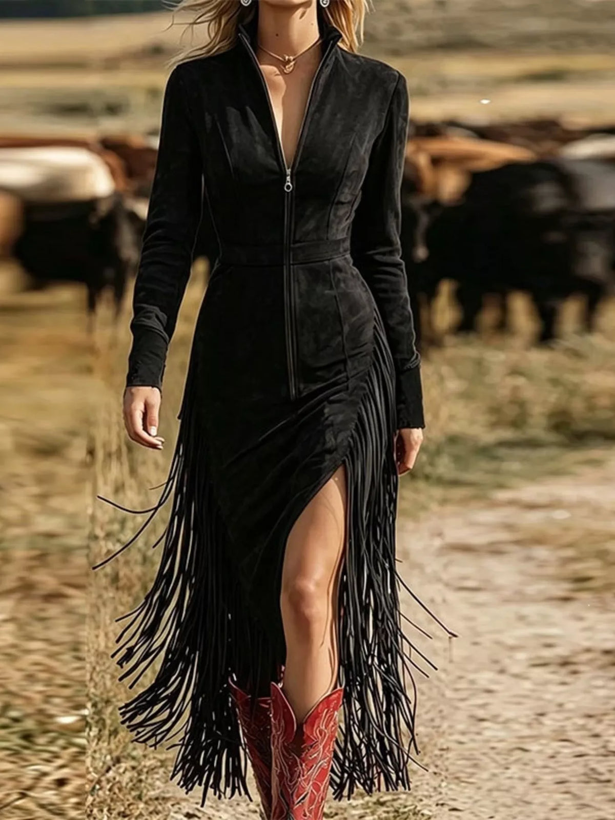 Fringe Zip-Front Midi Dress in Black