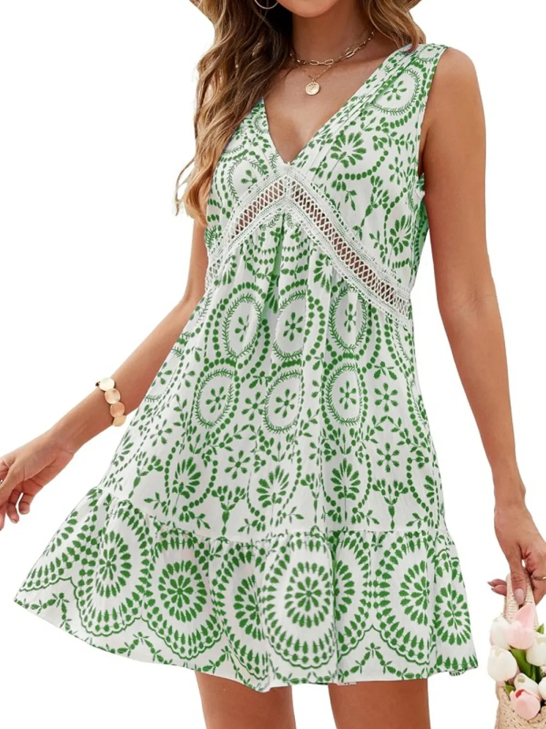 Printed V-Neck Sleeveless Mini Dress - Lilixa.store