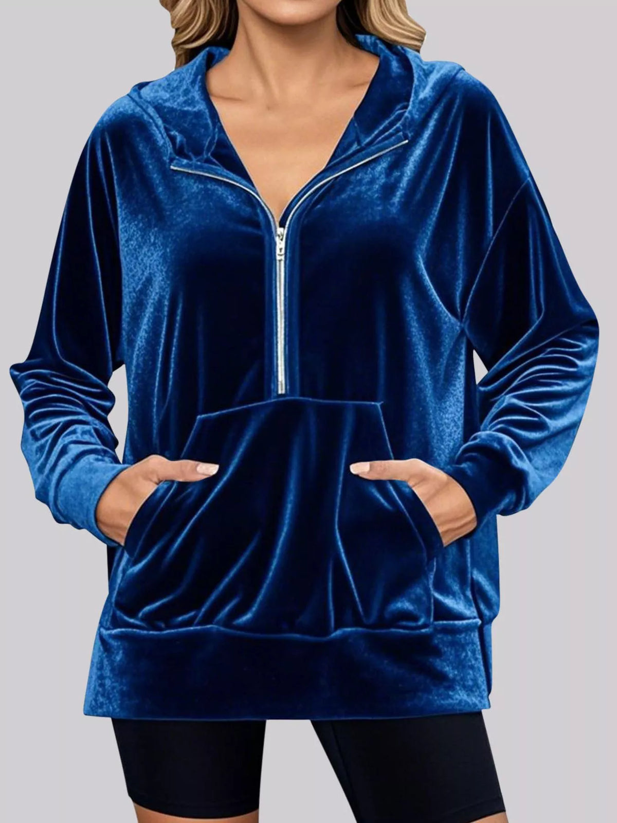 Full Size Velvet Half Zip Hoodie with Kangaroo Pocket Plus Size - Lilixa.store